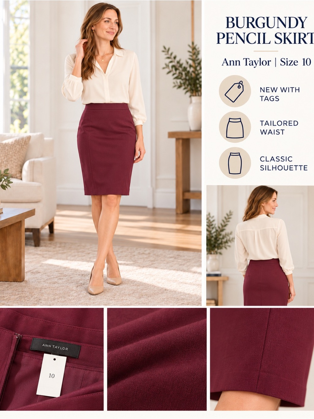 Ann Taylor Burgundy Pencil Skirt, Size 10, New With Tags